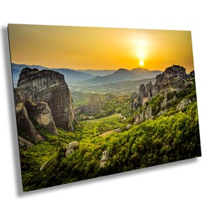 Meteora, Greece Canvas Print, Sun Setting, Monastery, Canvas Print, Metal, Acrylic Wall Art