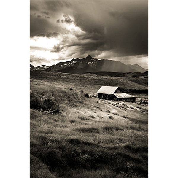 Telluride, Colorado, Rocky Mountains, San Juan Mountains, Black & White, BW, Vertical, Barn, Canvas, Metal, Acrylic Print Wall Art, Moody