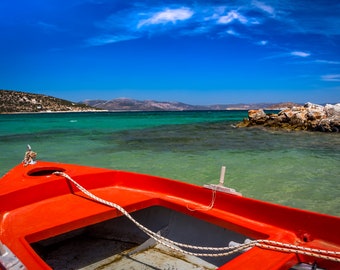 Greece, Red Boat, Aegean Sea, Canvas Print, Metal, Acrylic, Wall Art