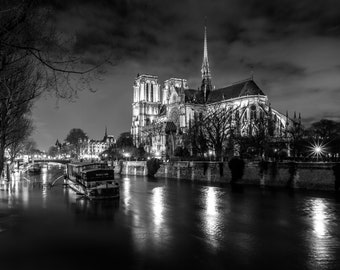 Notre Dame Cathedral at Night, Paris, France, Europe, Seine River, Black and White, B&W, BW, Canvas Print, Metal, Acrylic Wall Art