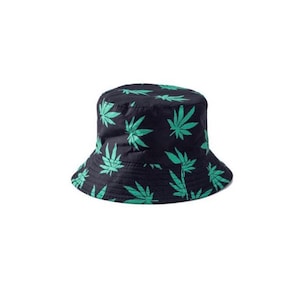 May include: A black bucket hat with a green marijuana leaf pattern.