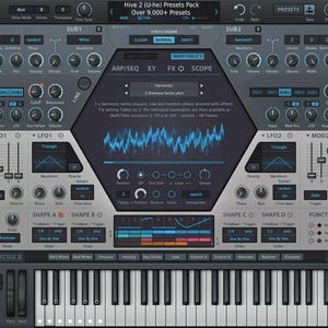 May include: A digital audio workstation (DAW) interface with a keyboard, knobs, sliders, and a central display showing waveforms. The interface is primarily grey and black with blue accents, and the text "HIVE 2" is visible at the top.