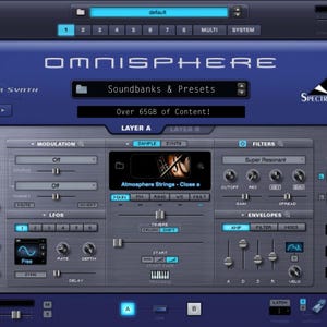 Peut inclure: Interface de station de travail audio numérique bleue et grise, nommée "Omnisphere" avec le texte "Power Synth". Elle présente diverses commandes, notamment la modulation, les filtres et les enveloppes. L'interface affiche "Soundbanks & Presets" et "Over 65GB of Content!"