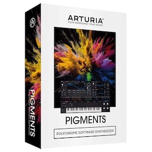 May include: A white box with the Arturia logo and the word "PIGMENTS." The design includes a vibrant explosion of colours and a digital synthesizer interface. The text "Polychrome Software Synthesizer" is also visible.
