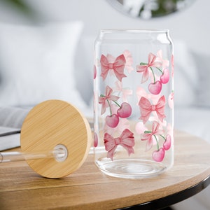 Pink Cherry Coquette Bow Glass Can Wrap PNG, 16 oz Tumbler Sublimation Design, 300 DPI Download, Girly Cup