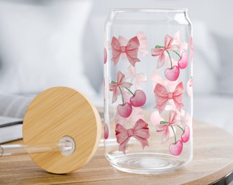 Pink Cherry Coquette Bow Glass Can Wrap PNG, 16 oz Tumbler Sublimation Design, 300 DPI Download, Girly Cup