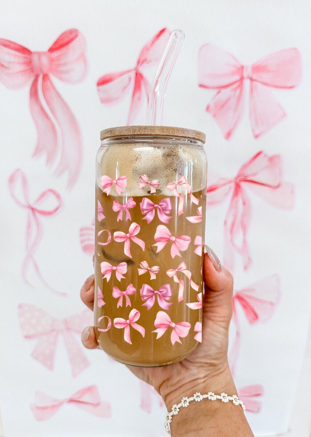 Pink Coquette Bow 20 Oz Glass Can Tumbler Wrap, Instant Download, Pink ...
