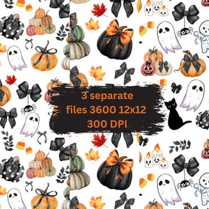 May include: A seamless pattern featuring black and orange Halloween themed illustrations. The pattern includes pumpkins, ghosts, bats, spiders, candy corn, and fall leaves. The text "3 separate files 3600 12x12 300 DPI" is written in white on a black background.
