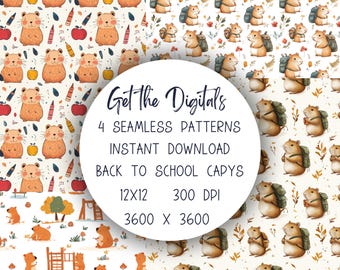Seamless Back to School Capybara Digital Papers 4 Pack for Sublimation & Journaling, Fun Playful Capy Backgrounds, Cute Animal Patterns