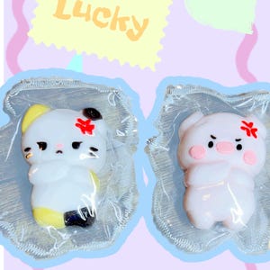 May include: Two small, cartoon-style figurines, one a white cat with yellow and black accents, the other a pink pig. Both have angry red marks and are packaged in clear plastic. The word "Lucky" is written on a yellow background.