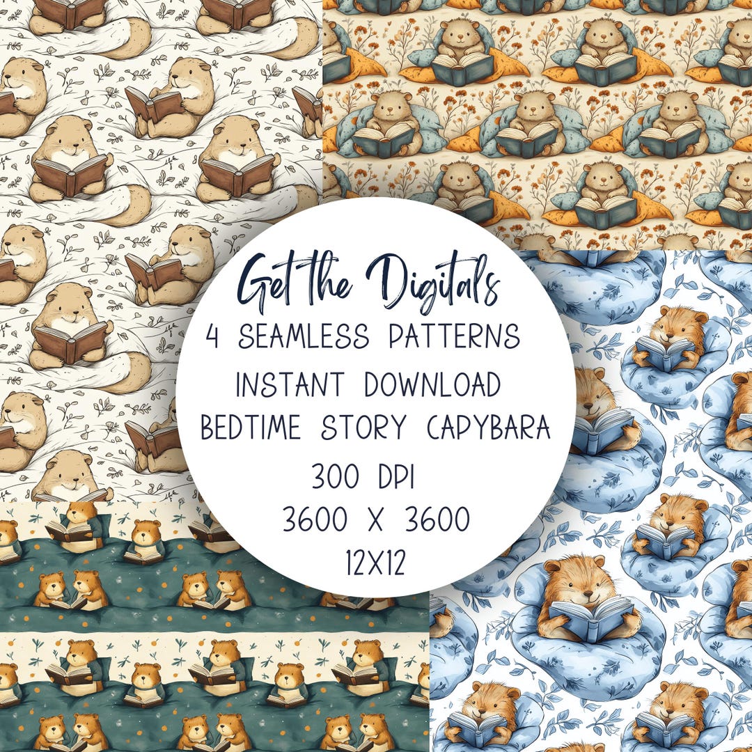 4 Pack of Seamless Book Lover Capybara Digital Papers for Sublimation ...