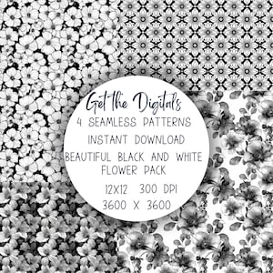 Gorgeous Black and White Flower Seamless Patterns, Great pattern for all crafting and journaling, Instant Download