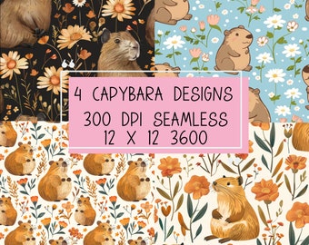 Seamless Capybara Digital Papers 4 Pack for Sublimation & Journaling, Fun Playful Capy Backgrounds, Cute Animal Patterns