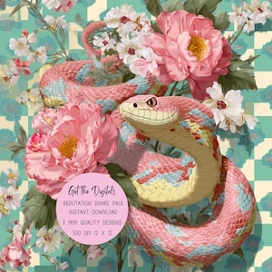 May include: A digital illustration featuring a pink and blue patterned snake coiled among large pink peony flowers and white blossoms. A circular pink label with black text reads: Get the Digitals, REPUTATION SNAKE PACK, INSTANT DOWNLOAD, 3 HIGH QUALITY DESIGNS, 300 DPI 12 X 12.