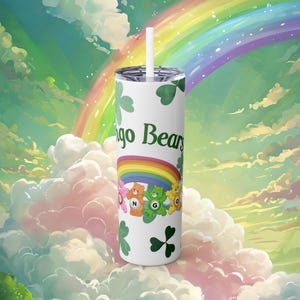 Lucky Bears Bingo  Tumbler, Cheerful Bears and Rainbows, Bingo Night Drinkware, Eco-Friendly Travel Cup
