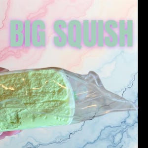 May include: A light green, rectangular squish toy in a clear plastic wrapper. The text "BIG SQUISH" is displayed in large, light green letters with a pink outline. The background has a marble effect.