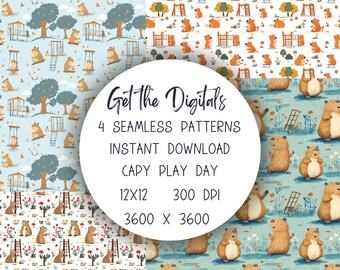 Seamless Capybara Digital Papers 4 Pack for Sublimation & Journaling, Fun Playful Capy Backgrounds, Cute Animal Patterns, Day at Play