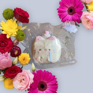 May include: A cream-colored, cartoon-style character in a clear plastic bag, with pink and blue accents, and tear-shaped details. The image is surrounded by a variety of colorful flowers, including red roses, yellow chrysanthemums, and pink gerbera daisies.