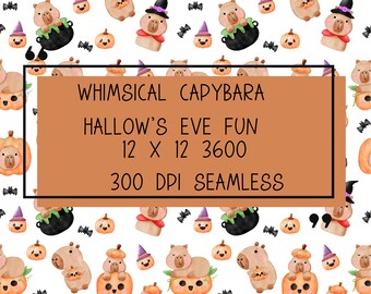 May include: A seamless pattern featuring cute cartoon capybaras dressed in witch hats and holding pumpkins. The background is white with bats and pumpkins. The text "Whimsical Capybara Hallow's Eve Fun 12 x 12 3600 300 DPI Seamless" is in a brown rectangle.