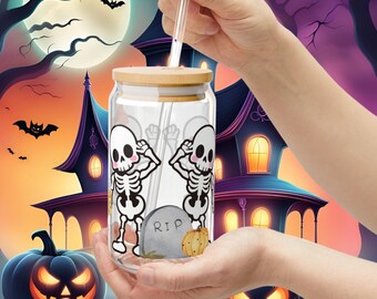 Szklany kubek z motywem szkieletu Halloween, kokarda kokietki, bezszwowa owijka na kubek ze szkła, natychmiastowe pobranie, czarny łuk cyfrowy PNG, 300 DPI