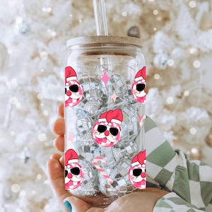Christmas Pink Disco Ball Santa and Candy Cane Whimsical Glass Can Tumbler Wrap, Instant Download, Digital PNG, 300 DPI, sublimation