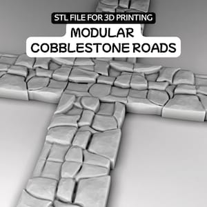 May include: A 3D render of modular cobblestone roads, designed for 3D printing. The roads are grey and feature a detailed, textured surface. The image includes the text "STL FILE FOR 3D PRINTING" and "MODULAR COBBLESTONE ROADS".
