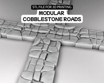 Fantasy Cobblestone Roads STL | 2 Modular Road Tiles for 3D Printing, 28mm / 32mm Tabletop RPG, D&D, Pathfinder and Wargaming Terrain