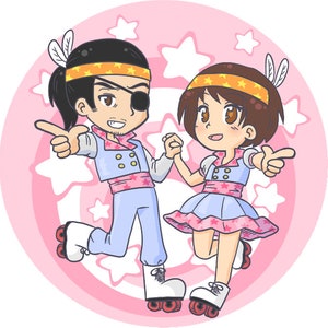 May include: Two cartoon characters on roller skates, a boy with a black eyepatch and a girl with brown hair, both wearing blue and white outfits with yellow stars and white feathers on their hats, against a pink background with white stars.