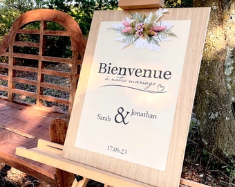 Panneau bienvenue à notre Mariage, baptême, anniversaire, communion…en bois, papier et fleurs séchées prénoms des mariés date du mariage