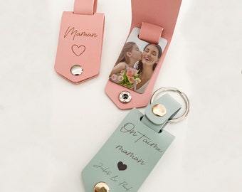 porte clés cuir personnalisé photo et message gravé pour maman - cadeau fête des mères, anniversaire...