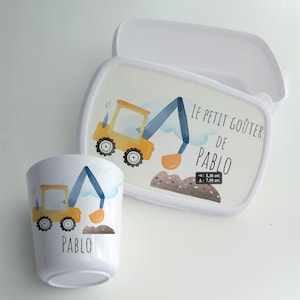 Ensemble Goûter boite et gobelet pour Enfant Personnalisé - Motif Chantier et Pelle Mécanique