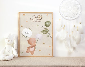 Affiche de naissance avec photos personnalisée| theme ourson décoration chambre d’enfants bébé date de naissance prénom poid taille heure