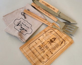 Ustensiles barbecue personnalisés  - idée cadeau papa, crémaillère, amis , homme, accessoire barbecue en bois planche, ustensiles gravés