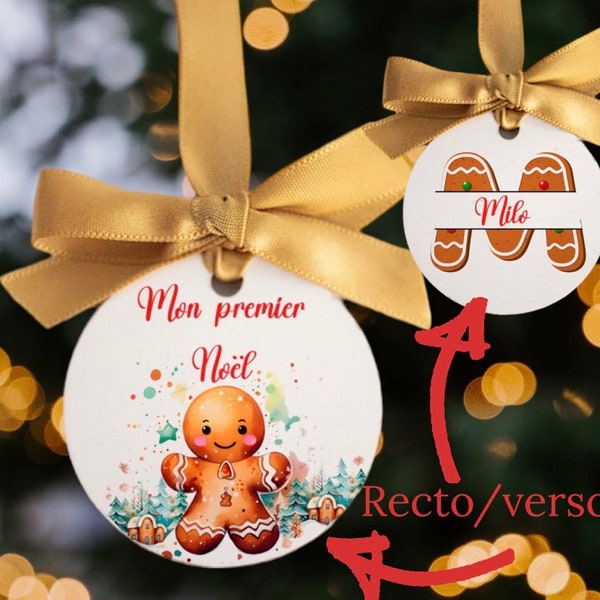 Boule de Noël  premier noël personnalisée en bois avec prénom bonhomme en pain d'épices pour premier noël de bébé ruban coloré au choix