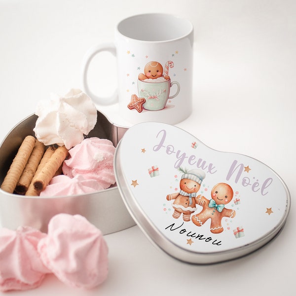 Boîte à biscuits de Noël personnalisée - et mug en option idéal cadeau original pour nounou, mamie, atsem, maîtresse…