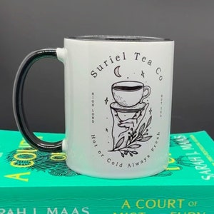 Suriel Tea Co Black Lined Mug, Acotar Tea Or Coffee Mug, Bookish Merch, A Court Of Thorns And Roses, Black Handle