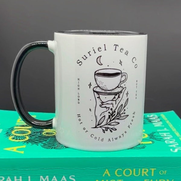 Taza forrada en negro de Suriel Tea Co, taza de té o café Acotar, merchandising librero, una corte de espinas y rosas, mango negro