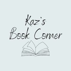 May include: Black and white illustration of an open book with the text "Kaz's Book Corner" above it.
