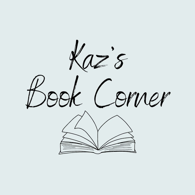 May include: Black and white illustration of an open book with the text "Kaz's Book Corner" above it.