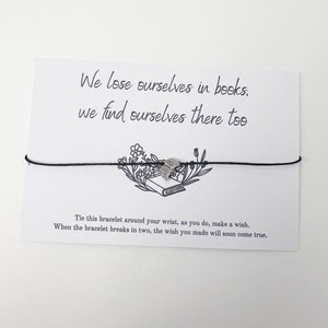 Book Lover Wish Bracelet – Silver Book Charm | Literary Gift with Quote | “We Lose Ourselves in Books” Bracelet