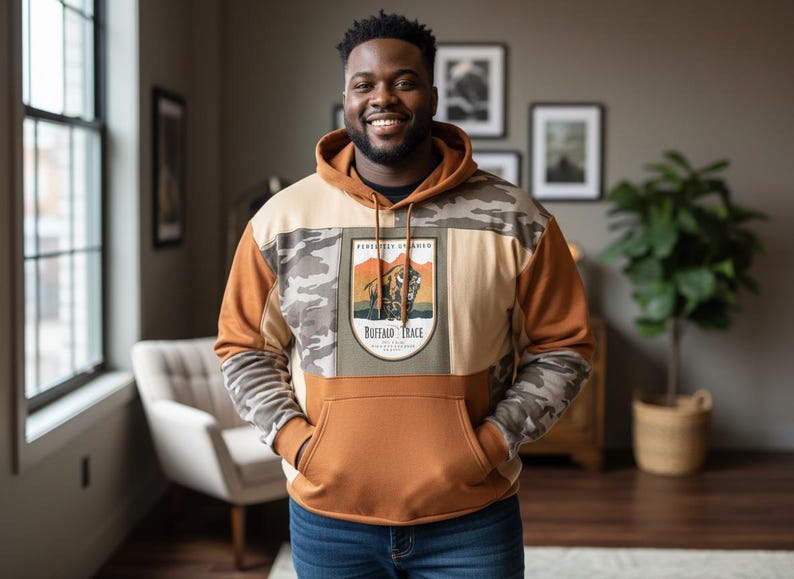 May include: A hooded sweatshirt with a color block design featuring shades of tan, brown, and camouflage print. The front of the sweatshirt has a patch with the text "Buffalo Trace" and an image of a bison. The person is wearing blue jeans.