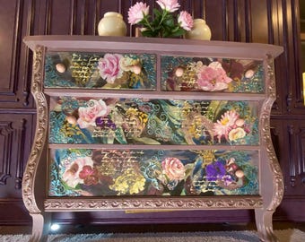 Free shipping! Floral Secret Garden Dresser: Ornate Lavender Chest of Drawers restored
