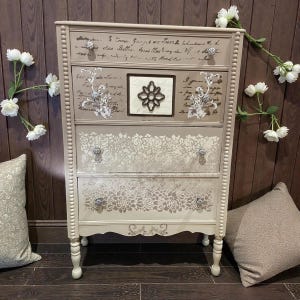 Neutral tones eclectic dresser with stylish knobs, script and stenciling taupe and cream Upcycled restored