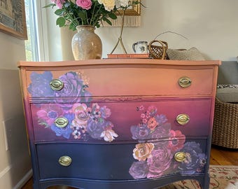 Artisan colorful floral Bombay dresser Upcycled antique with golden hardware