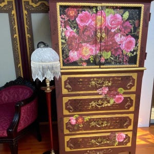 Free shipping! Roses Armoire: Burgundy Chest with Gold Floral Appliques Upcycled restored