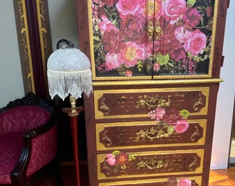 Free shipping! Roses Armoire: Burgundy Chest with Gold Floral Appliques Upcycled restored
