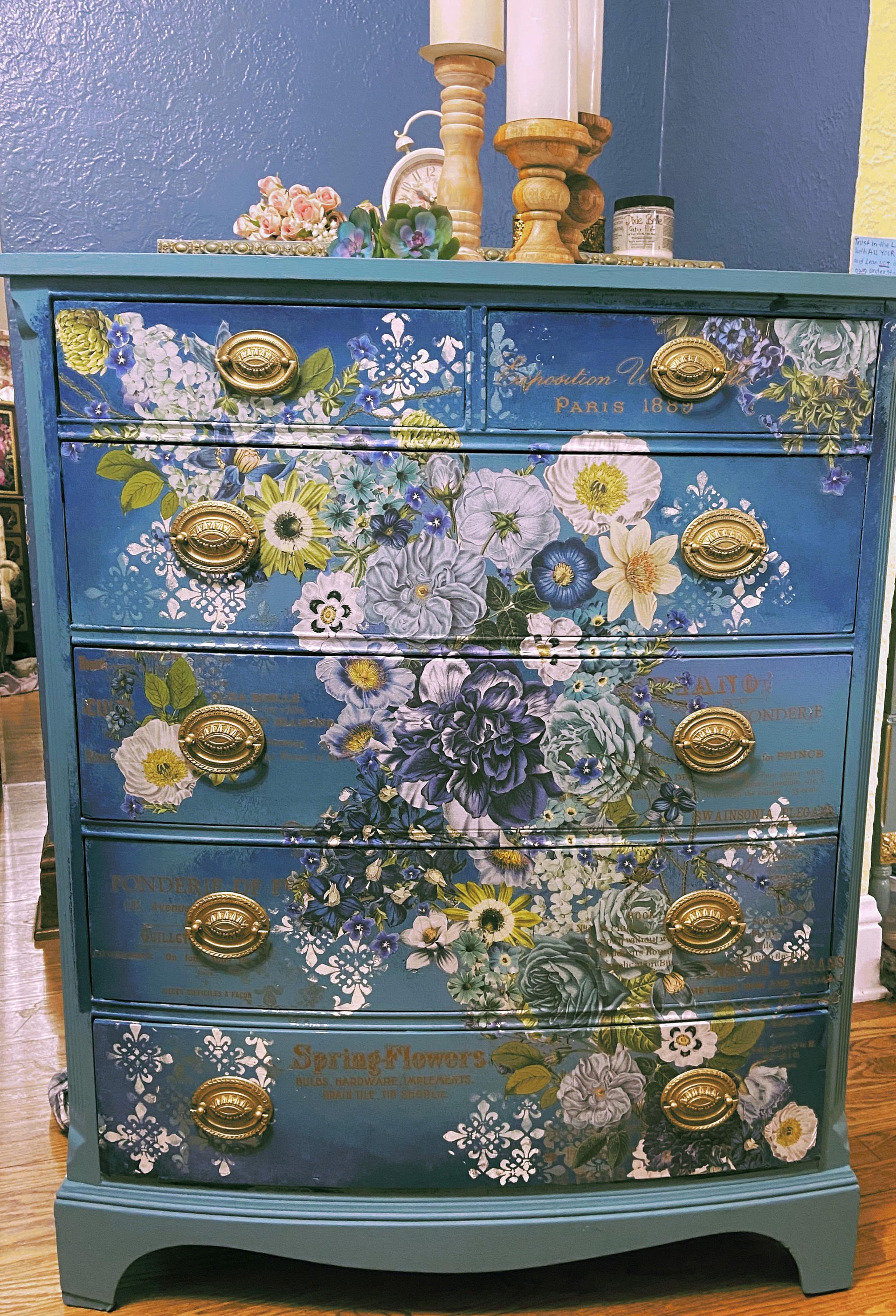 Free Shipping! Floral Tallboy Dresser Painted Blue & Gold Accent Furniture  Restored - Etsy