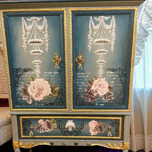 Vintage Style Teal Dresser: Ornate Floral Design, Crystal Handles Upcycled restored