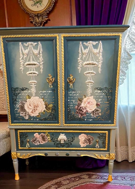 teal and gold dresser Vintage Style Dresser: Ornate Floral Design, Crystal Handles Upcycled Restored Double Crazy