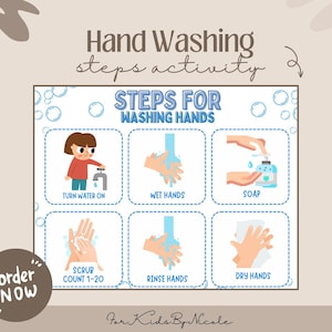 Schritte zum Händewaschen, Waschen Sie Ihre Hände Schritte, Händewaschen druckbares Poster für Kinder, Arbeitsblatt zum Händewaschen, Aktivität für Kinder